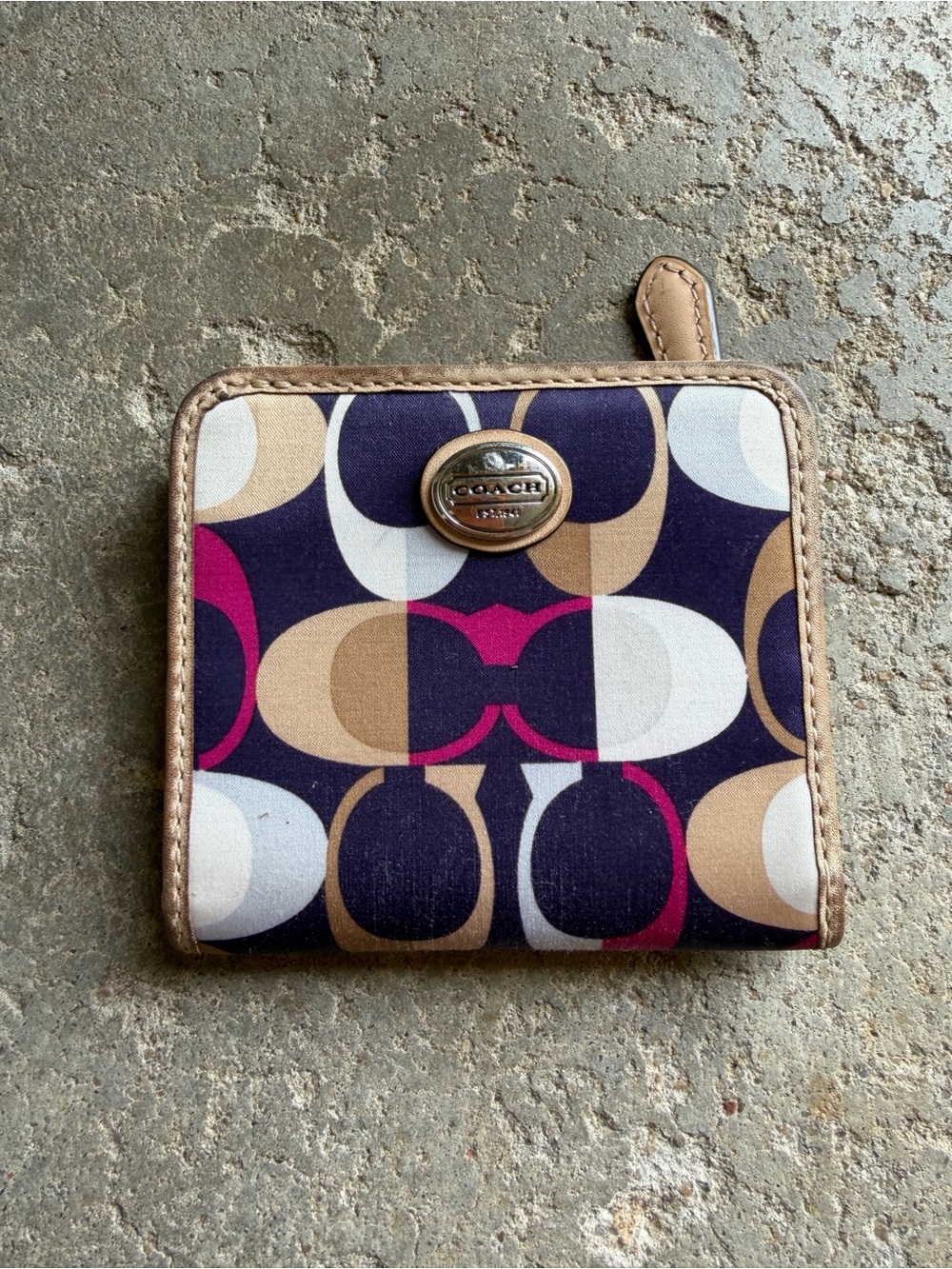 Coach Multicolor Signature Compact Wallet in Navy, Tan & Magenta
